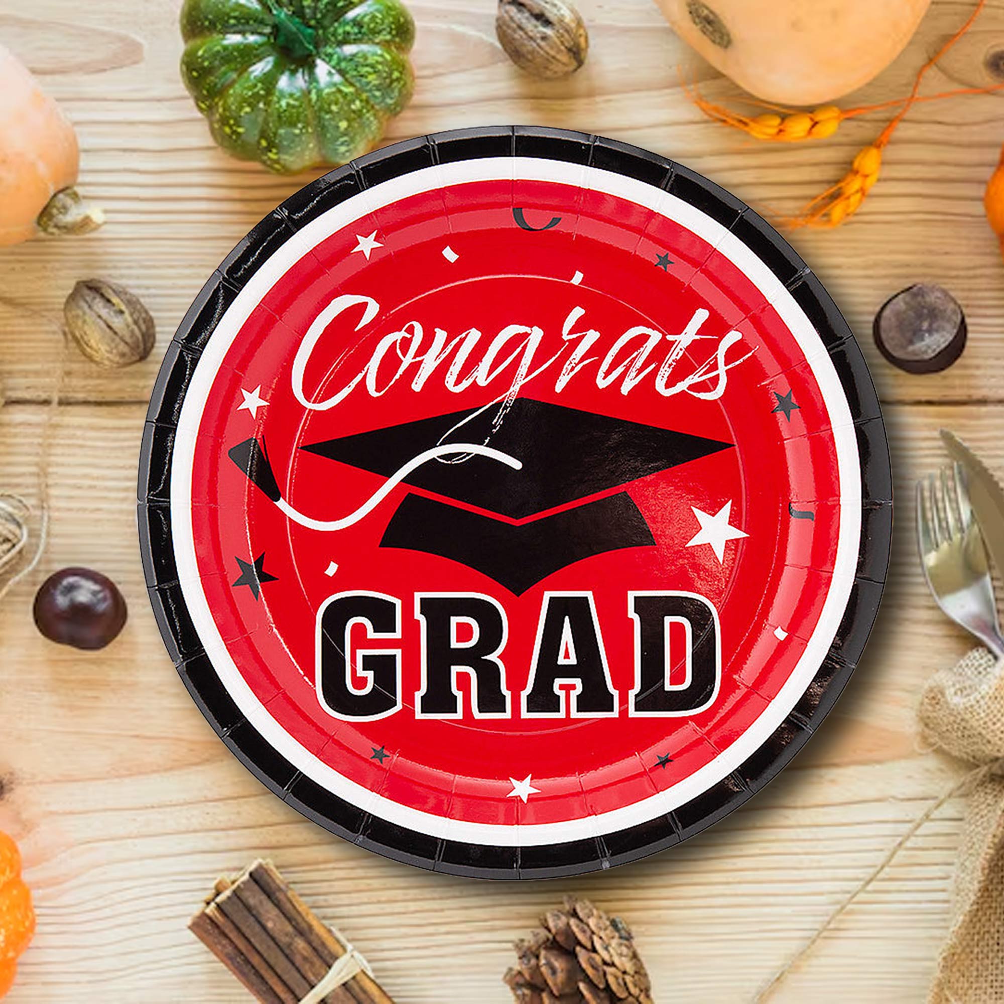 25 Count Red Congrats Grad Dessert Plates Graduation Party Disposable Supplies 7 1/4"